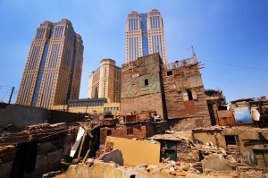 The Kafrawy Shacks area of Ramlet Boulaq overlooked by Nile Towers Hassan Ibrahim