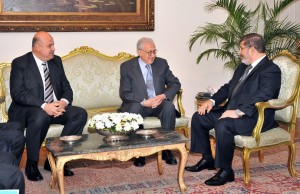 President Mohamed Morsi (right) and Vice President Mahamud Miki (left) meeting with UN and Arab League envoy for Syria, Lakhdar Brahimi, at the presidential palace in Cairo on 10 September AFP PHOTO / HO / EGYPTIAN PRESIDENCY