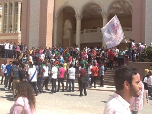 Students gather during a protest outside the British University in Cairo buildings Omar Elalfy