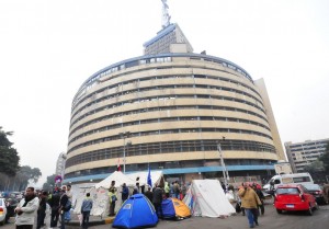 Protesters gather outside the state TV Maspero building Hassan Ibrahim