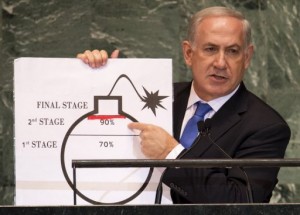 Benjamin Netanyahu, Prime Minister of Israel, uses a diagram of a bomb to describe Iran's nuclear program AFP, Don Emmert