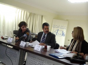 Afraa Galaby (right), Naguib Ghadban (center) and Rafif Joejati (left) discussing the future of Syria at the Arab Forum for Alternatives in Cairo. (Fady Salah/ DNE)