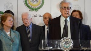 International peace envoy Lakhdar Brahimi in Cairo with (L-R) former prime minister of Norway Gro Harlem Brundtland, former US president Jimmy Carter, Arab League Secretary General Nabil al-Arabi and former president of Ireland Mary Robinson. Khaled Desouki / AFP