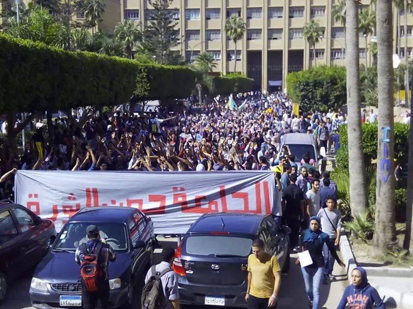 Students protest inside Alexandria University on 14 October, 2014. Clashes took place between protesters and riot police who tried to raid the campus firing tear gas with injuries reported. (Photo Students Against the Coup handout )
