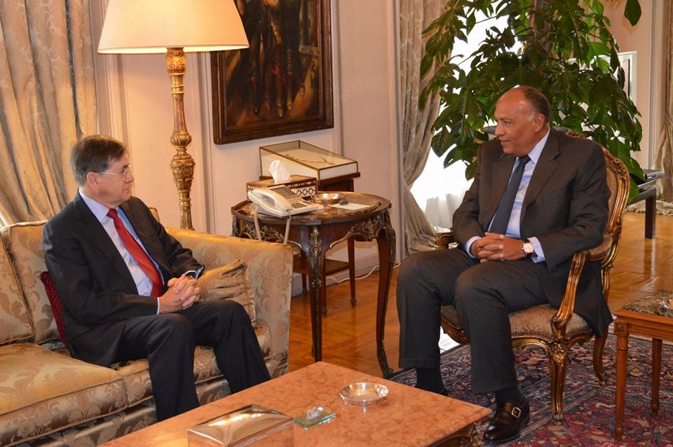 Egyptian Minister of Foreign Affairs Sameh Shoukry (right) met with US envoy David Satterfield on Sunday to discuss regional developments. (Handout from the Egyptian Ministry of Foreign Affairs)