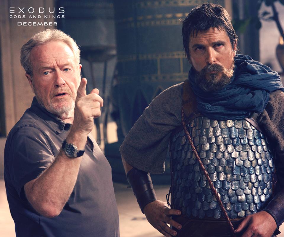 Director Ridely Scott with actor Christian Bale behind the scenes for the film "Exodus: Gods and Kings".