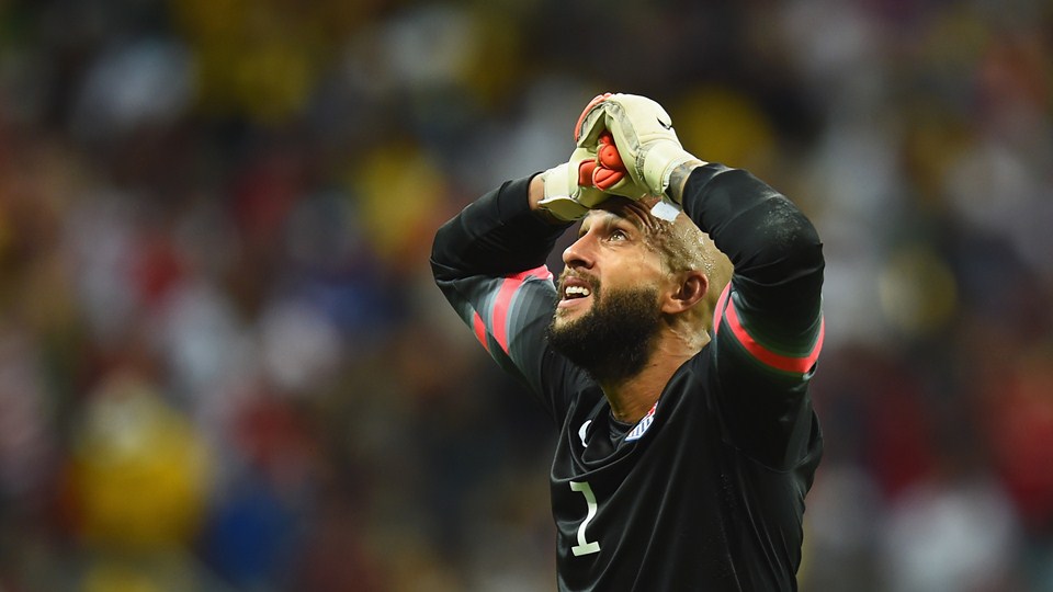 Tim Howard of the United States reacts during the 2014 FIFA World Cup Brazil Round of 16 match between Belgium and the United States at Arena Fonte Nova on July 1, 2014 in Salvador, Brazil. (Photo by Jamie McDonald/Getty Images)