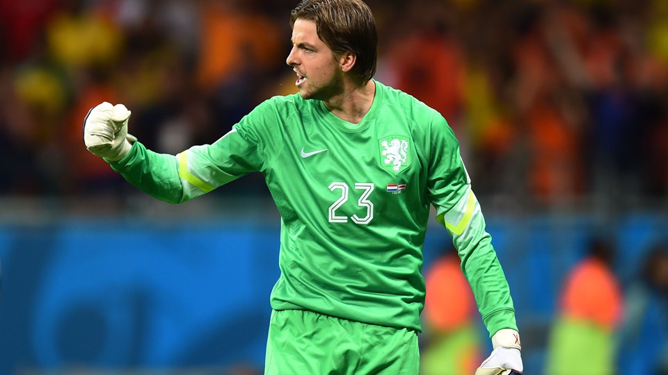 Tim Krul of the Netherlands reacts after making a save in a penalty shootout against Bryan Ruiz of Costa Rica during the 2014 FIFA World Cup Brazil Quarter Final match between the Netherlands and Costa Rica at Arena Fonte Nova on July 5, 2014 in Salvador, Brazil. (Photo by Jamie McDonald/Getty Images)