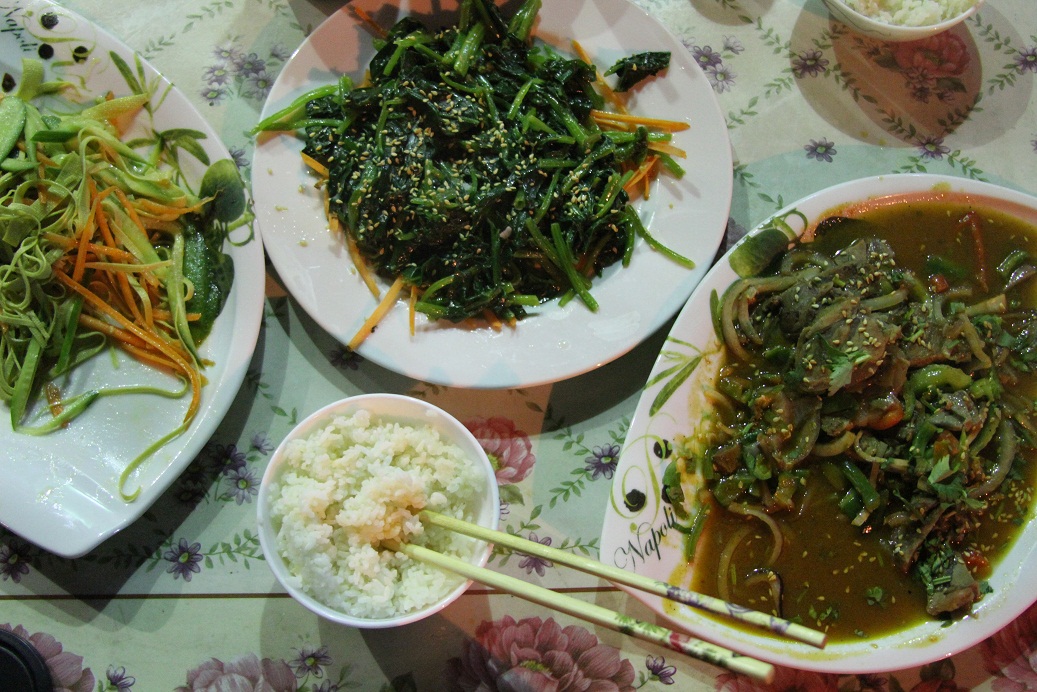 From left to right Cold Tofu Noodle Salad, Morning Glory Salad and Beef & Pepper dish. (Photo by Sharif Paget)