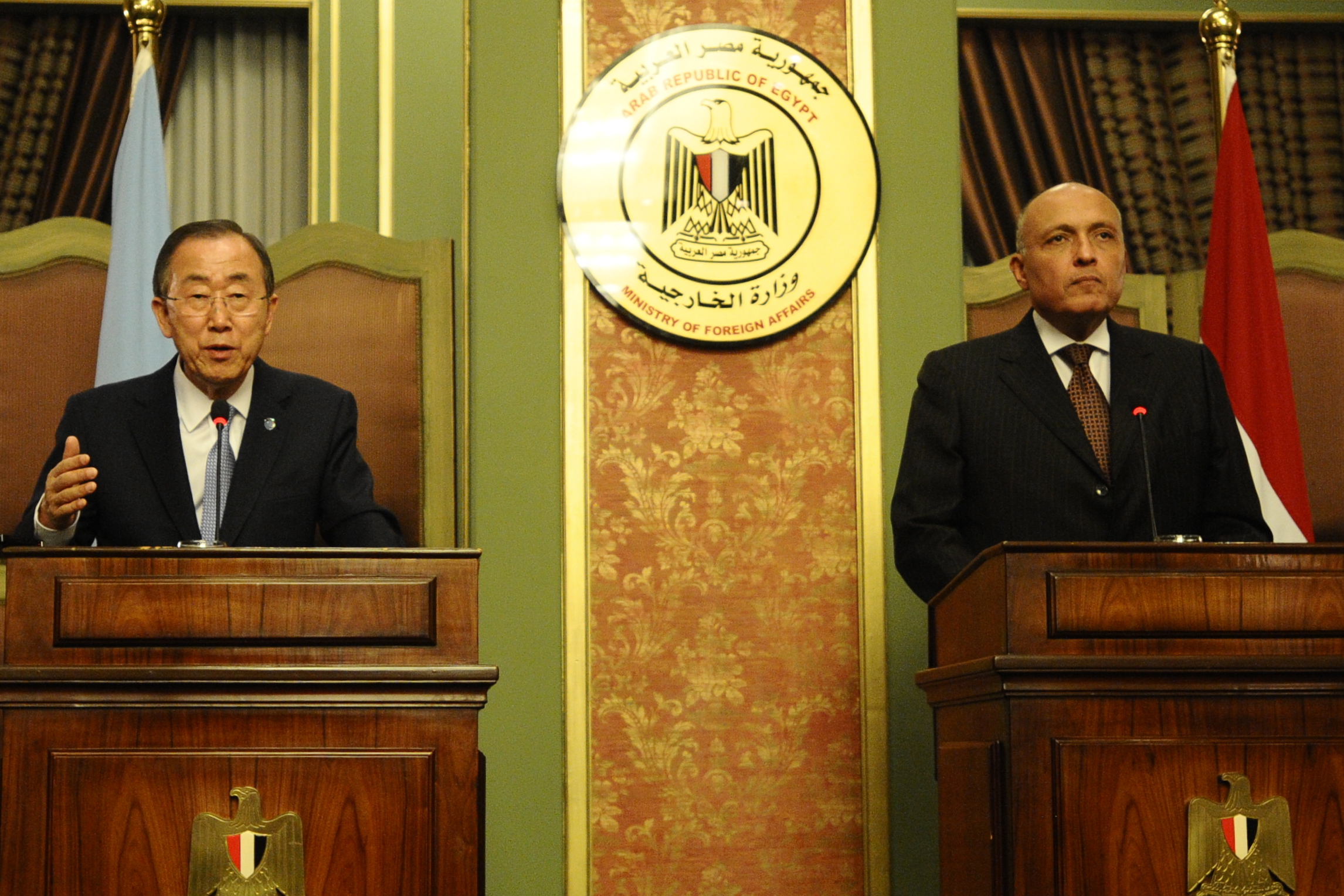 Egyptian Minister of Foreign Affairs Sameh Shoukry held a joint press conference with UN Secretary General Ban Ki Moon in Cairo on Monday. (Photo by Ali Omar)