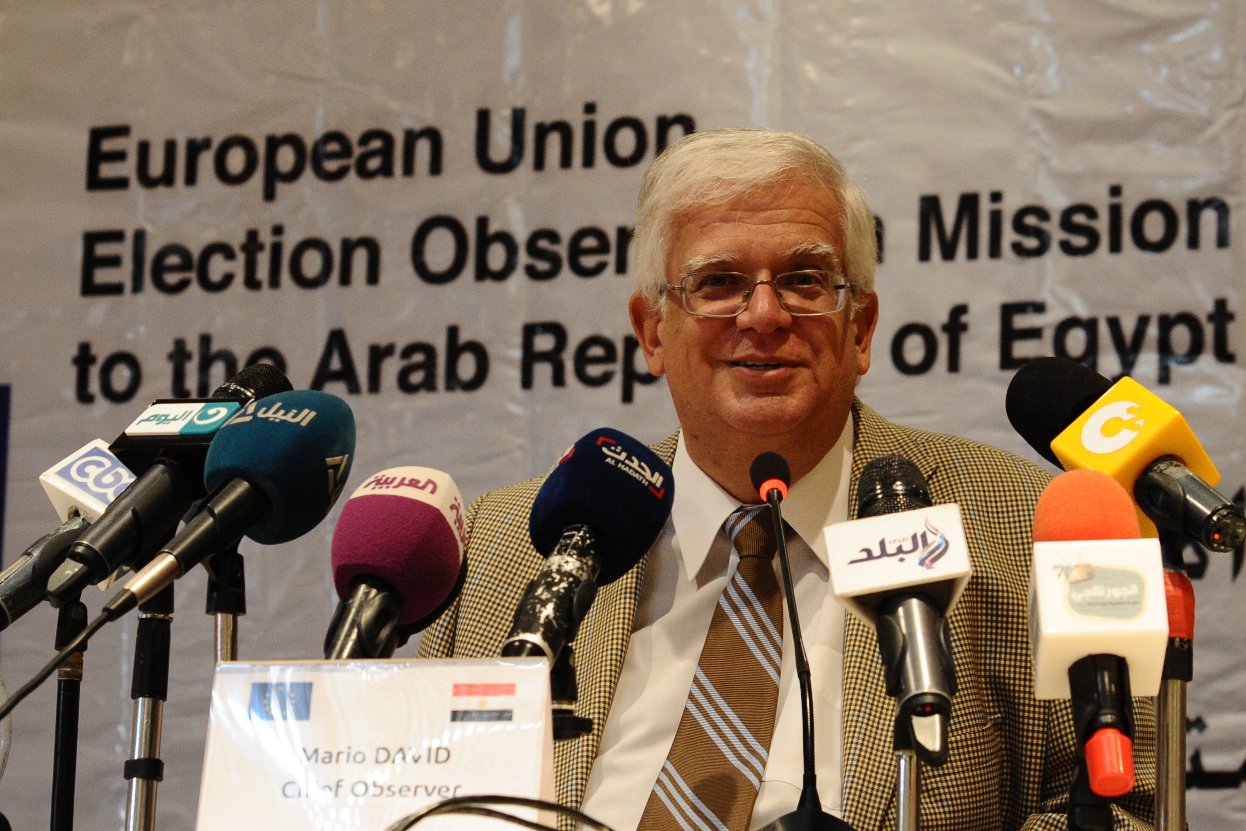 Chief Observer Mario David presenting the final report of the European Union Election Observation Mission at a press conference on Tuesday. (Photo by Ali Omar)
