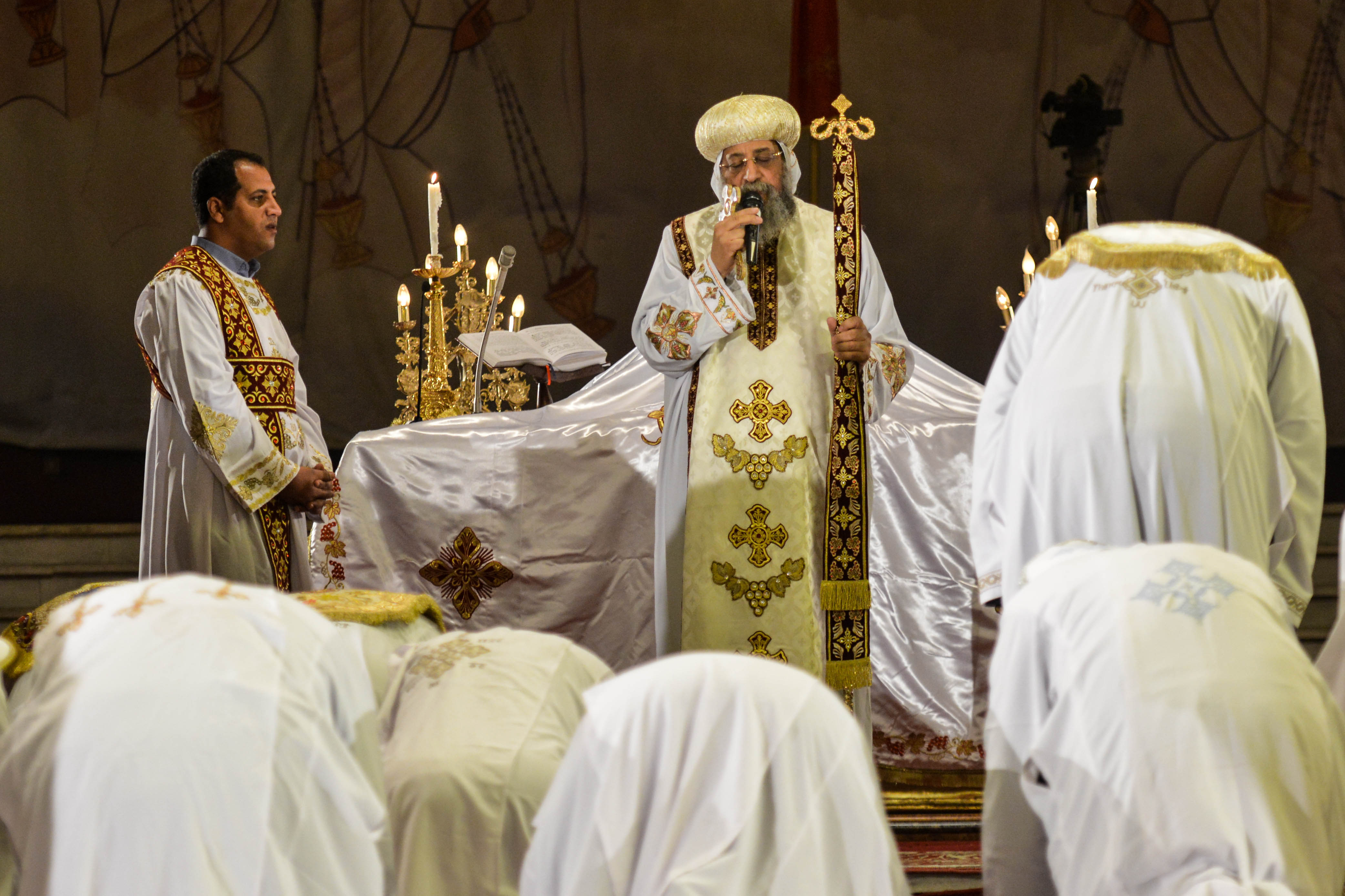 Coptic Orthodox Pope Tawadros II headed a mass Tuesday at the St Mark Coptic Orthodox Cathedral in tribute to the memory of the victims. (Photo by Mahmoud Abo El-Dahab)