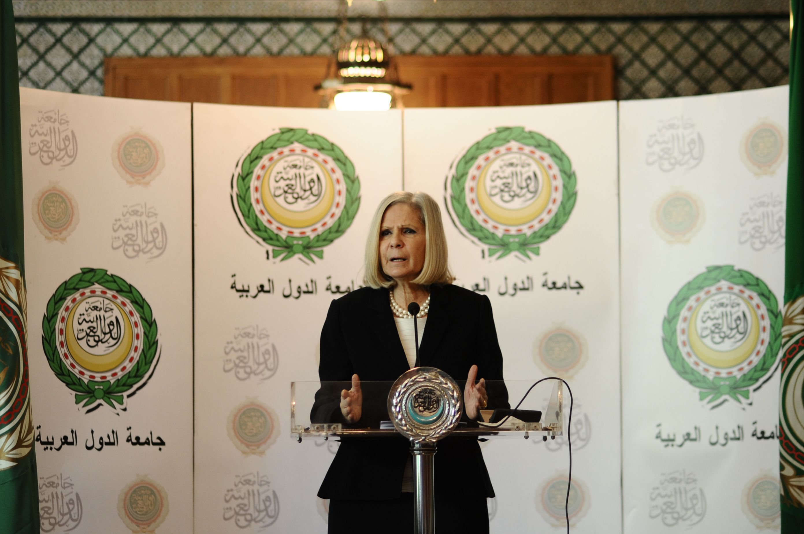 Haifa Abu Ghazaleh, the head of the Arab League observer mission, presented the initial findings of her mission on Thursday morning. (Ali Omar)