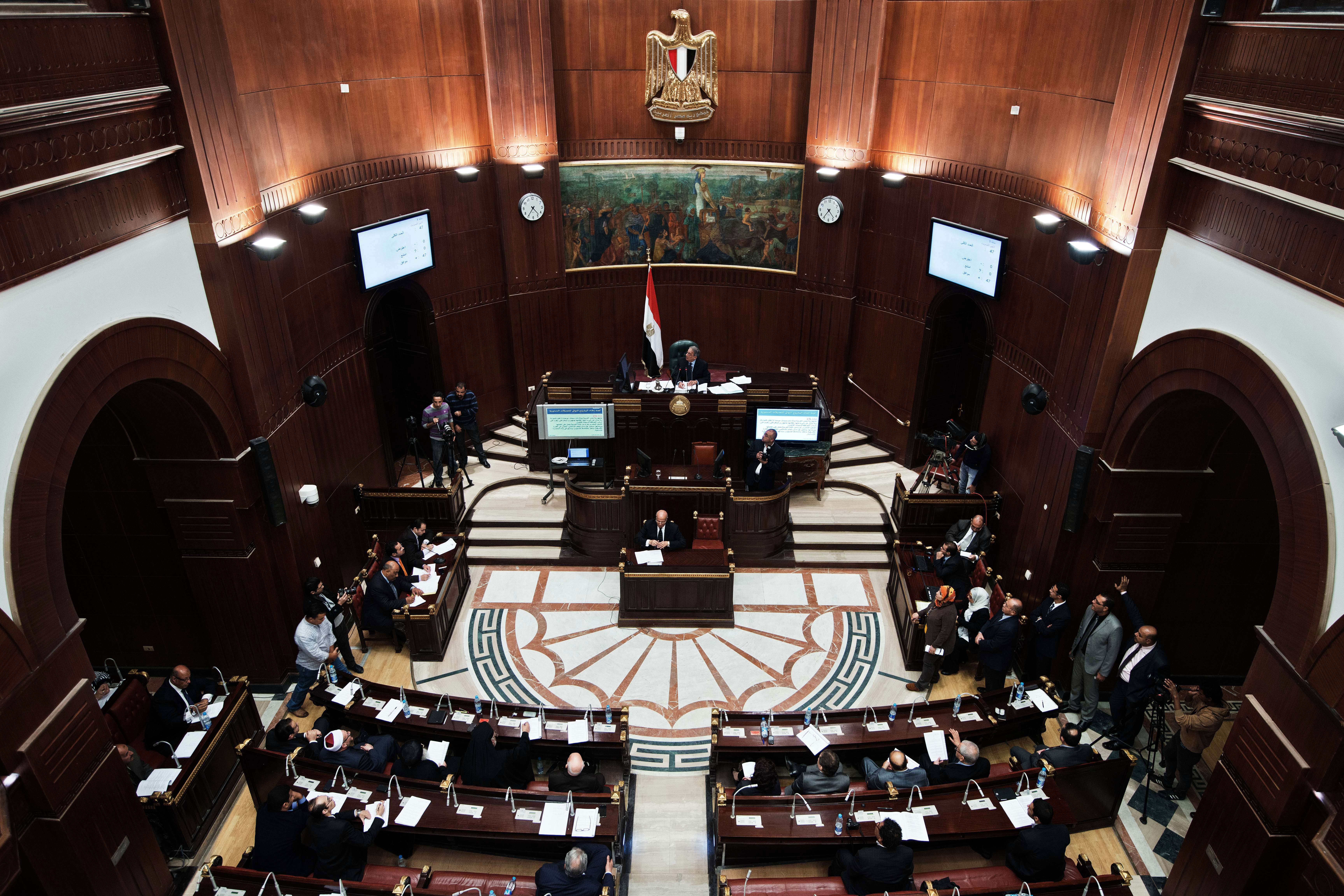 Members of the Egyptian constitutional panel vote on a new constitution at the Shura council in downtown Cairo (AFP PHOTO/GIANLUIGI GUERCIA)