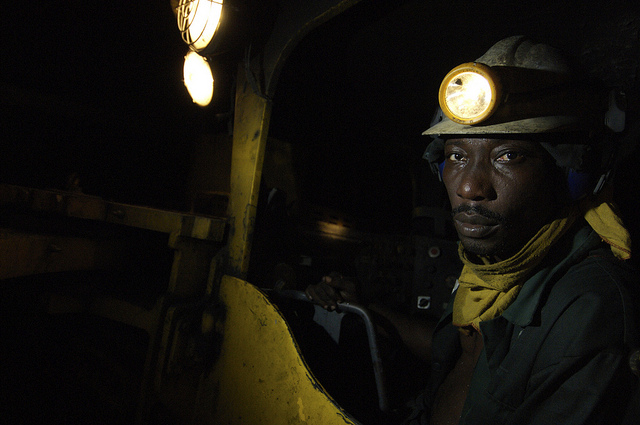 Workers in the Anglo Ashanti gold mine at a depth of about 330m in Obuasi, Ghana. (Photo by Jonathan Ernst)