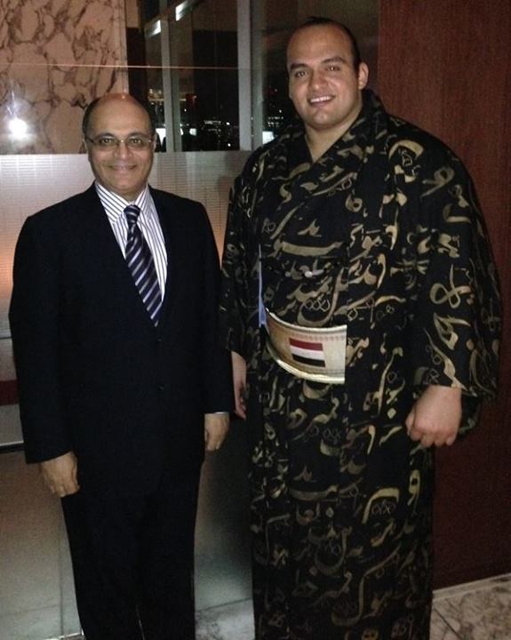 Egyptian Sumo wrestler Abdelrahman Shaalan, who was honoured during the opening event of the Arabic-Japanese friendship week with Egypt’s Ambassador to Japan Hesham El-Zemeity