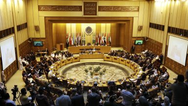 The extraordinary session of the Arab League foreign ministers meets to discuss the situation in the Palestinian territories at the Arab League headquarters in Cairo, Egypt, Sunday, April 21, 2019. (AP Photo/Amr Nabil)