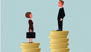 An illustration of a woman standing on fewer coins compared to the man representing the gender gap in payment Daily News Egypt