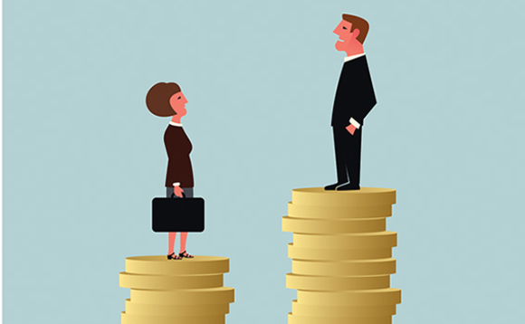 An illustration of a woman standing on fewer coins compared to the man representing the gender gap in payment Daily News Egypt