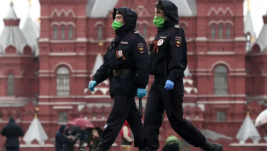 Security officers wearing face masks in Russia capital Moscow amid coronavirus (COVID-19) pandemic