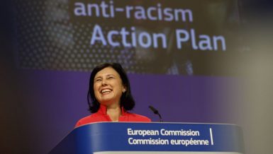 European Commission Vice-President for Values and Transparency Vera Jourova during the press conference to launch the EU action plan against racism