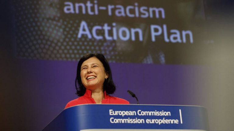European Commission Vice-President for Values and Transparency Vera Jourova during the press conference to launch the EU action plan against racism