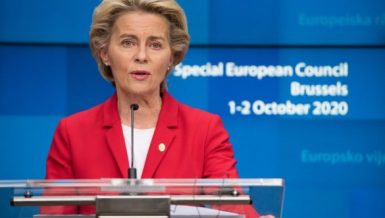 European Commission President Ursula von der Leyen attends an online press conference after the first day meeting of the European Union (EU) special summit in Brussels, Belgium, Oct. 2, 2020.(European Union/Handout via Xinhua)