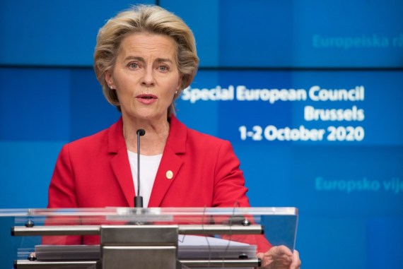 European Commission President Ursula von der Leyen attends an online press conference after the first day meeting of the European Union (EU) special summit in Brussels, Belgium, Oct. 2, 2020.(European Union/Handout via Xinhua)