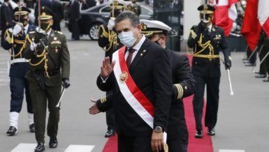 Peruvian President Manuel Merino (front) greets supporters after his swearing-in ceremony as the country's president, at the National Congress, in Lima, Peru, on Nov. 10, 2020. (Xinhua-Mariana Bazo)