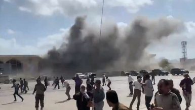 Three massive explosions rocked the Aden airport in southern Yemen on Wednesday as local officials were gathering to receive a plane carrying the new power-sharing government coming from Saudi Arabia