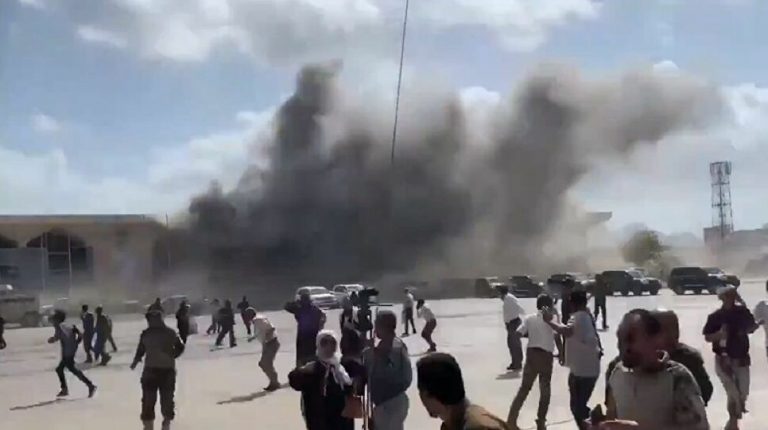 Three massive explosions rocked the Aden airport in southern Yemen on Wednesday as local officials were gathering to receive a plane carrying the new power-sharing government coming from Saudi Arabia
