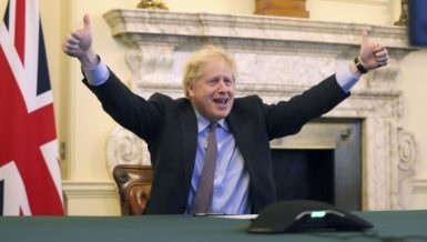 British Prime Minister Boris Johnson reacts from 10 Downing Street after Britain and the European Union (EU) reached a post-Brexit deal, in London, Britain, Dec. 24, 2020. (Pippa Fowles/No 10 Downing Street/Handout via Xinhua)