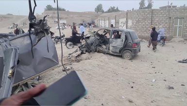 Two people were killed and eight others injured when a bomb went off near a football ground in Panjgur district of Pakistan southwestern Balochistan province on Saturday, a spokesman of the provincial government said.