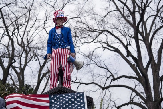 A supporter of U.S. President Donald Trump attends a demonstration near the U.S. Capitol building in Washington, D.C., the United States, Jan. 6, 2021. (Xinhua/Liu Jie)