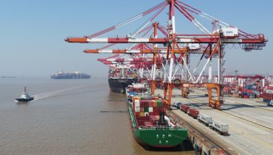 Aerial photo taken on March 18, 2020 shows the container dock of Yangshan Port in Shanghai, east China. (Xinhua/Ding Ting)
