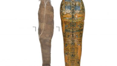 Ancient Egyptian mummy featuring rare painted mud shell layer uncovered