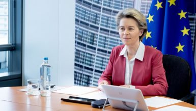 European Commission President Ursula von der Leyen attends a video conference in Brussels, Belgium, Jan. 31, 2021. (European Union/Handout via Xinhua)