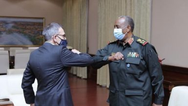 Head of United Nations Integrated Transitional Assistance Mission in Sudan (UNITAMS), Volker Perthes during meeting with Chairman of Sudan's Sovereign Council Abdel Fattah Al-Burhan at the presidential palace in Khartoum on Monday.