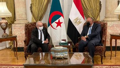 Egypt's Minister of Foreign Affairs Sameh Shoukry with Algeria Foreign Minister Ramtane Lamamra in Cairo.