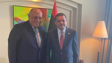 Egyptian Foreign Minister Sameh Shoukry with Libyan Prime Minister Abdel-Hamid Dbeibah during their meeting on Thursday 21 October, 2021.