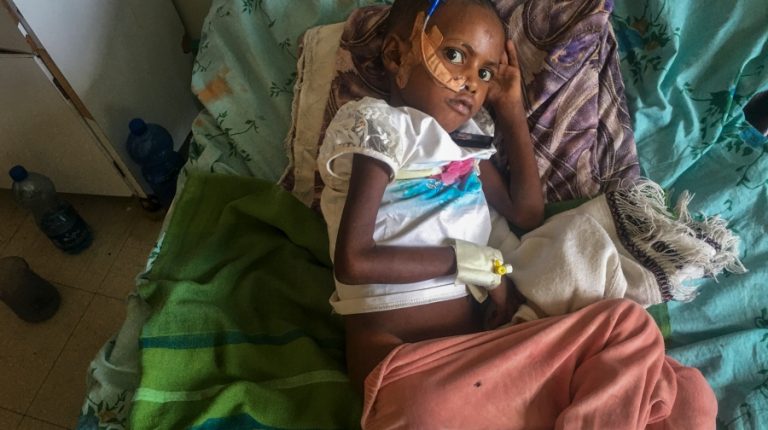 In this photo provided anonymously, Genet Mehari, 5, is treated for malnutrition but with limited medicine, at the Ayder Referral Hospital in Mekele, in the Tigray region of northern Ethiopia, Tuesday, Sept. 28, 2021. In the regional capital Mekele, a year of war and months of government-enforced deprivation have left the city of a half-million people with a rapidly shrinking stock of food, fuel, medicine and cash. (AP Photo)