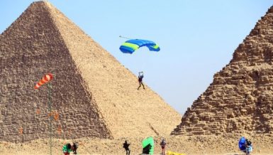 A skydiver prepares to land near the Pyramids during the skydiving festival "Jump Like a Pharaoh" in Giza, Egypt, on Nov. 1, 2021. (Xinhua/Ahmed Gomaa)